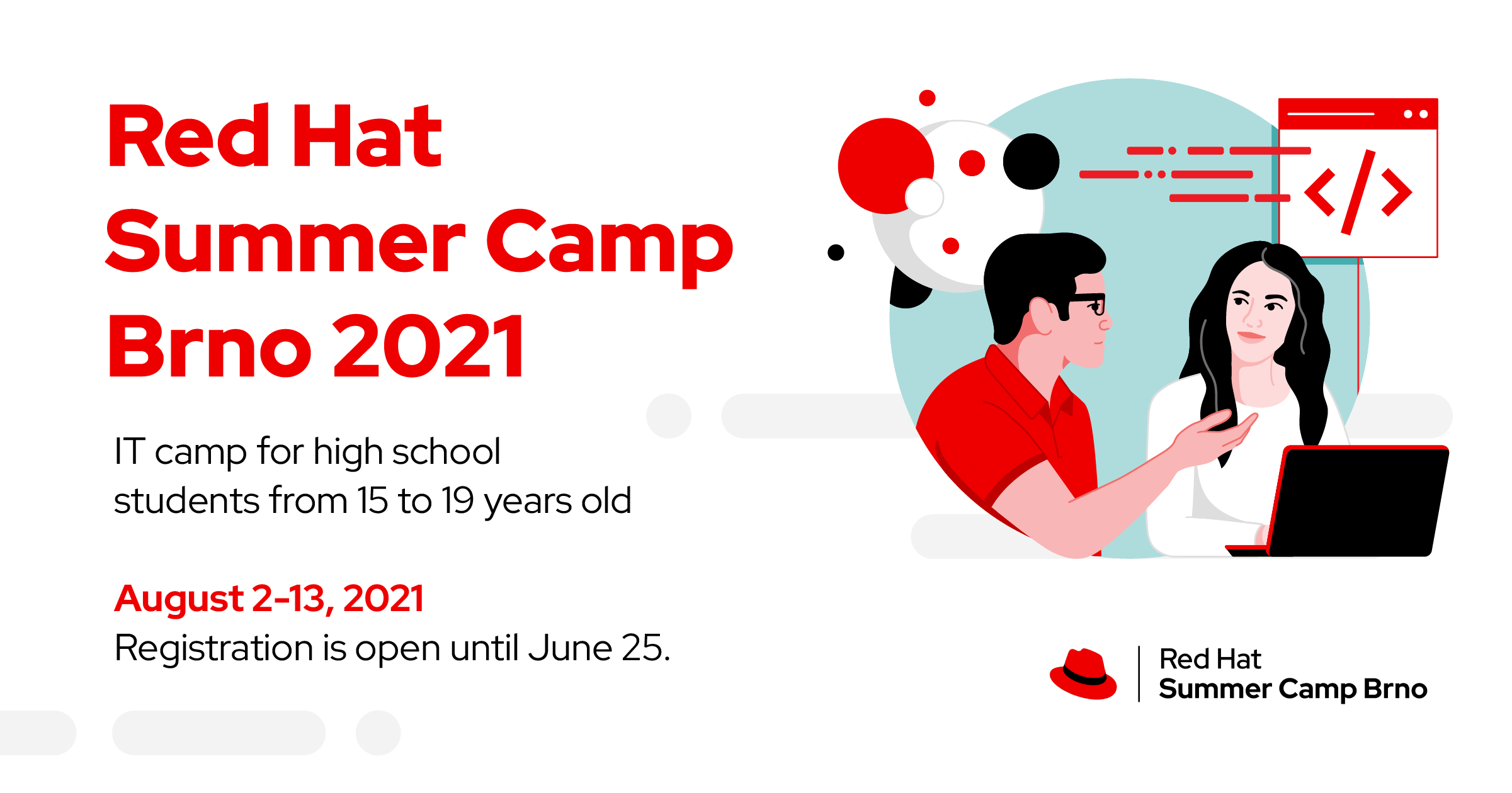 Red Hat Summer Camp main banner with illustration of woman and man