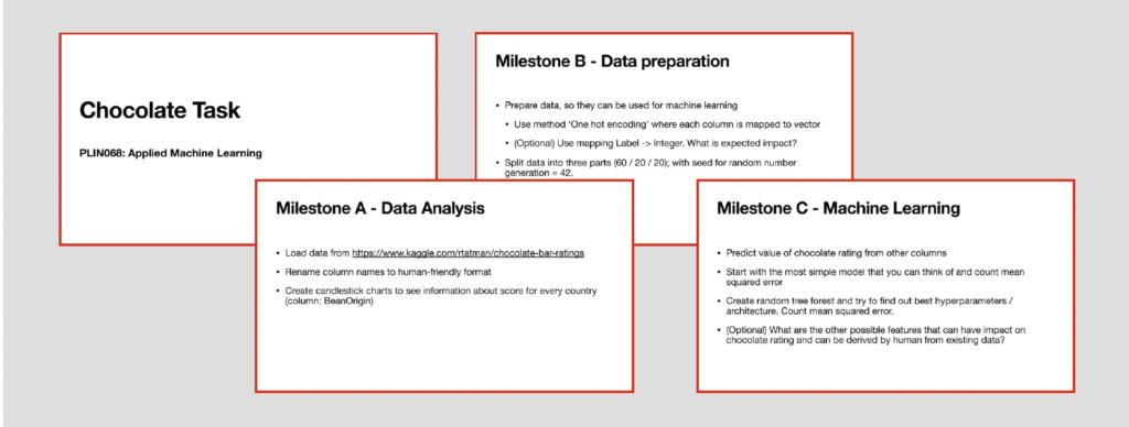 Slides from the applied machine learning course illustrate a process of working with data from chocolate bar ratings.