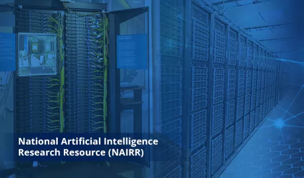 Stylized, blue-tinted image of a data center. Image credit: US National Science Foundation